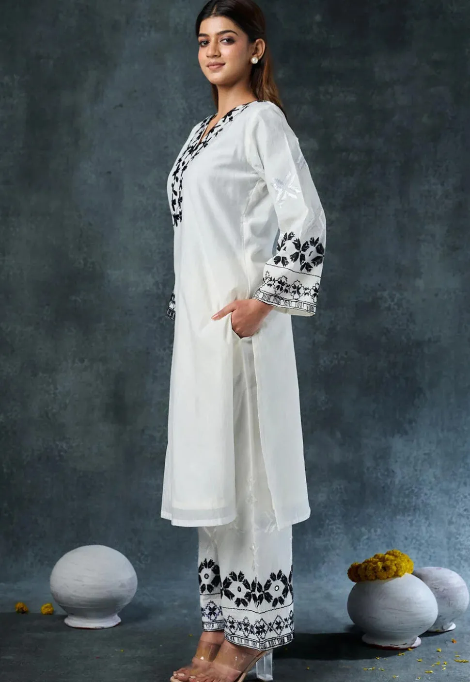 Embroidered Rayon Straight Kurta Set in White