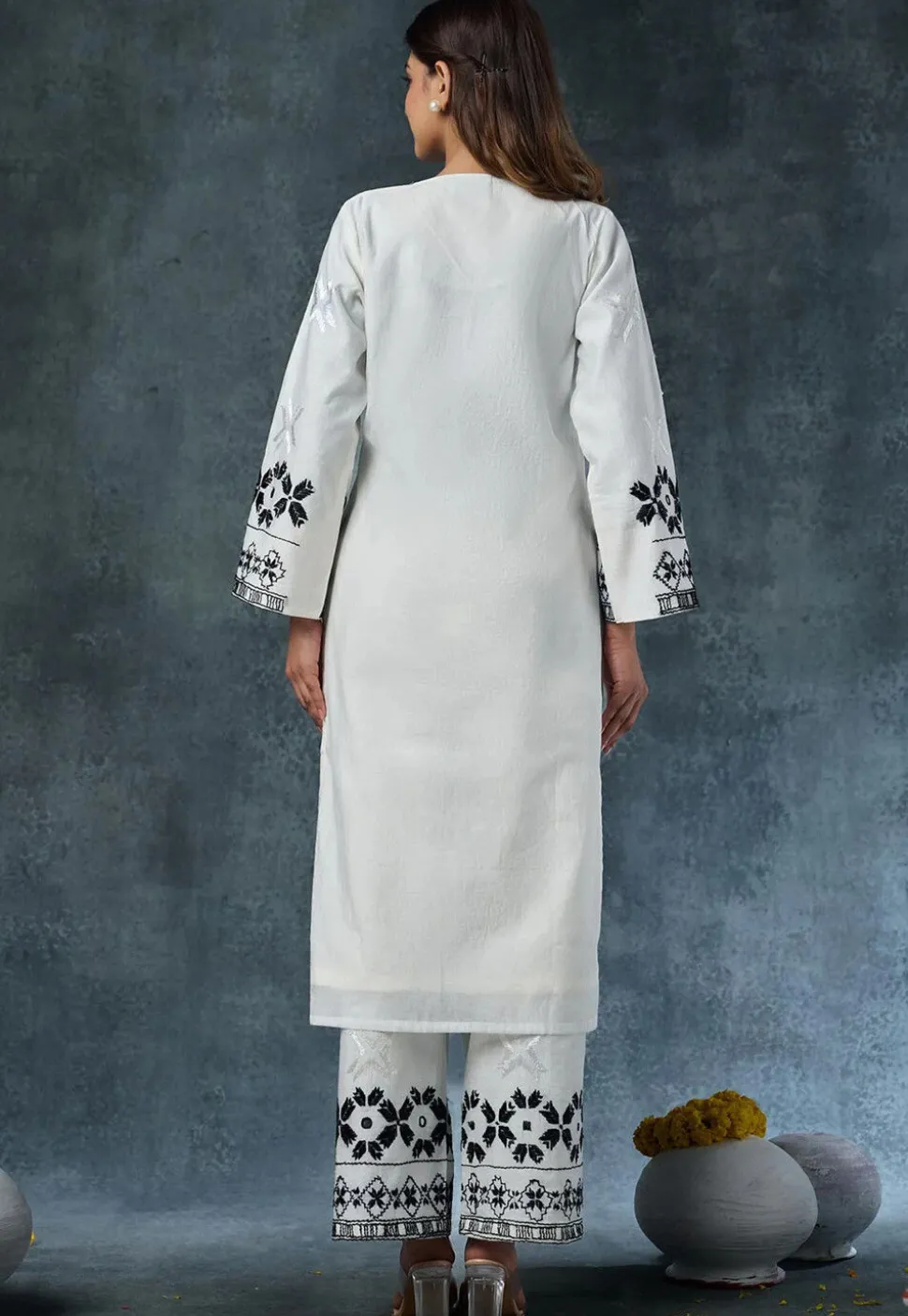 Embroidered Rayon Straight Kurta Set in White