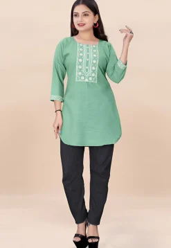 Embroidered Rayon Straight Kurti in Light Green
