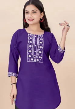 Embroidered Rayon Straight Kurti in Purple