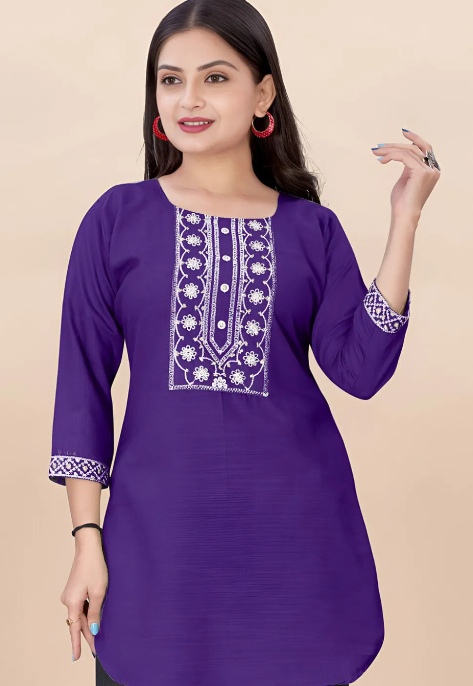 Embroidered Rayon Straight Kurti in Purple