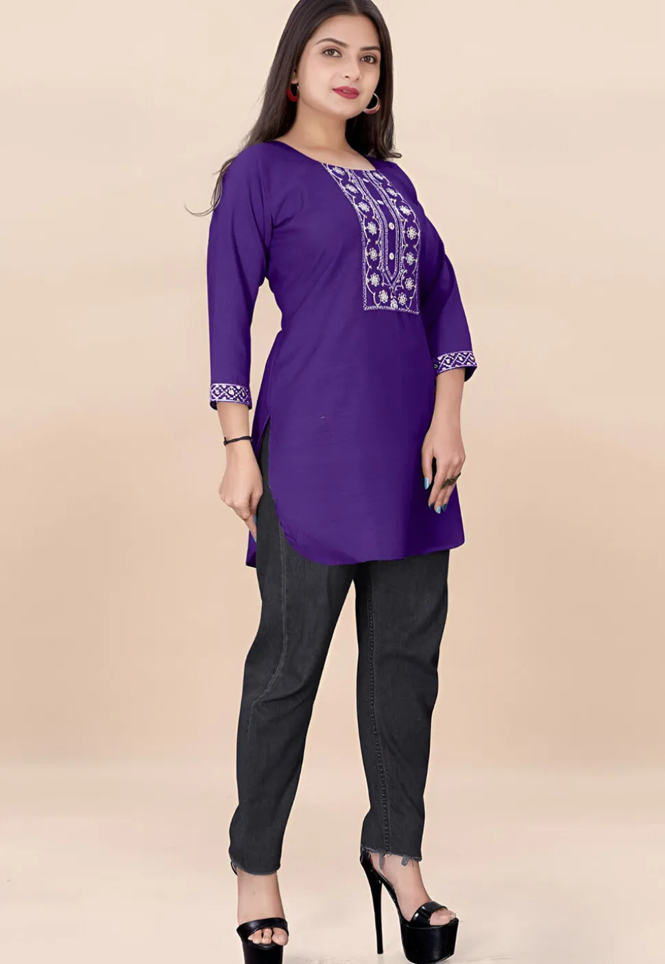 Embroidered Rayon Straight Kurti in Purple