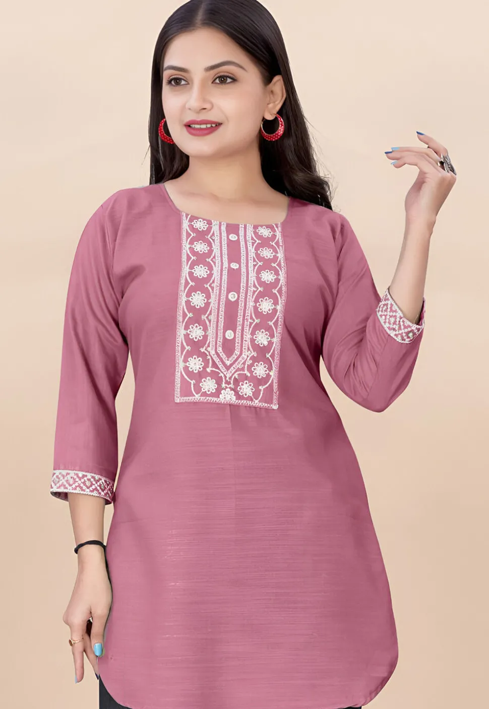 Embroidered Rayon Straight Kurti in Pink