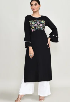 Embroidered Rayon Straight Kurta Set in Black
