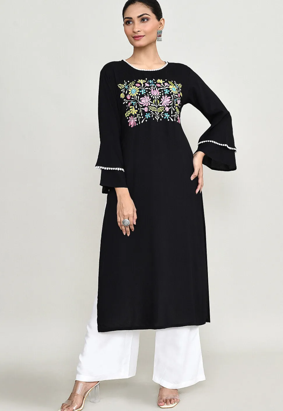 Embroidered Rayon Straight Kurta Set in Black