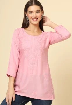 Embroidered Rayon Straight Kurti in Pink