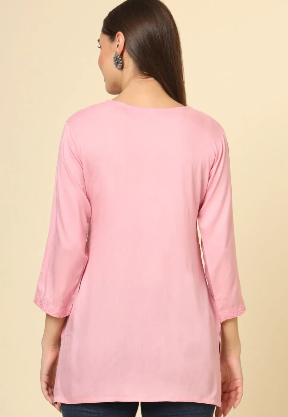Embroidered Rayon Straight Kurti in Pink