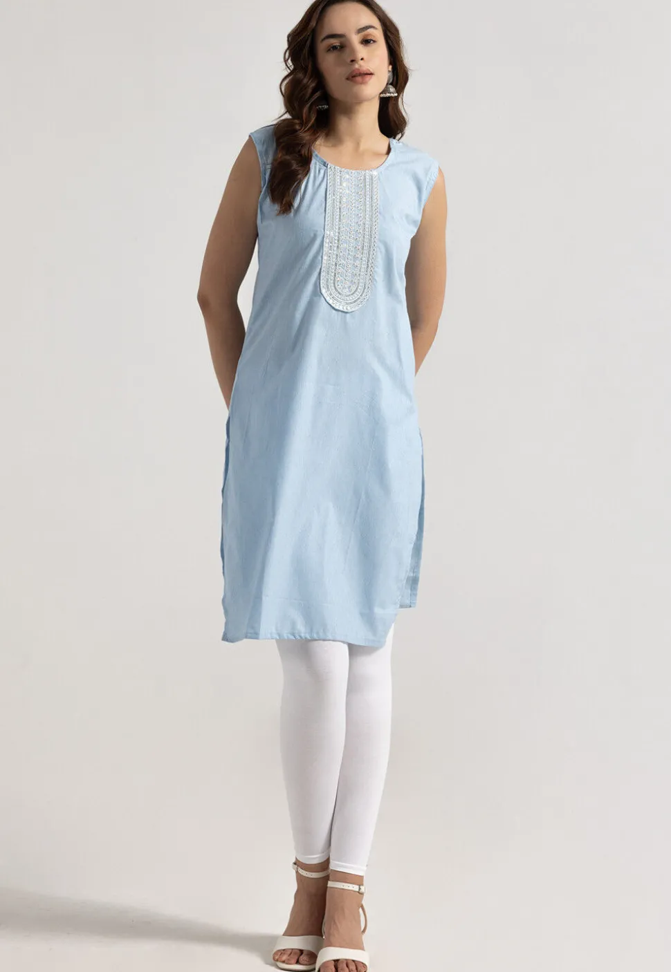 Embroidered Rayon Straight Kurta in Sky Blue