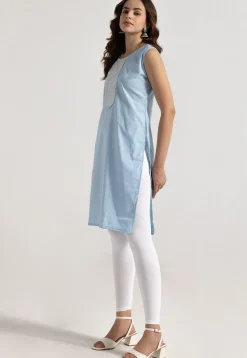 Embroidered Rayon Straight Kurta in Sky Blue