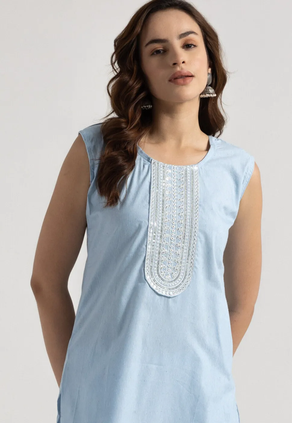 Embroidered Rayon Straight Kurta in Sky Blue
