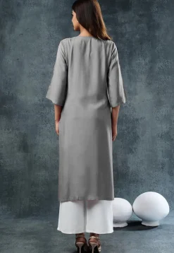 Embroidered Rayon Straight Kurta Set in Grey