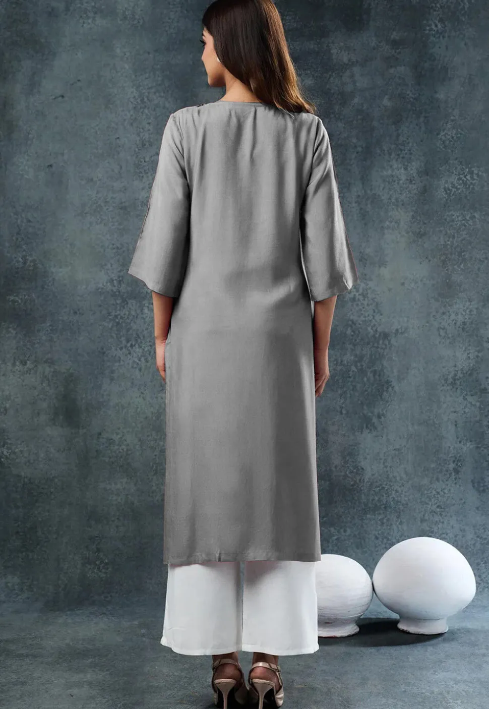 Embroidered Rayon Straight Kurta Set in Grey