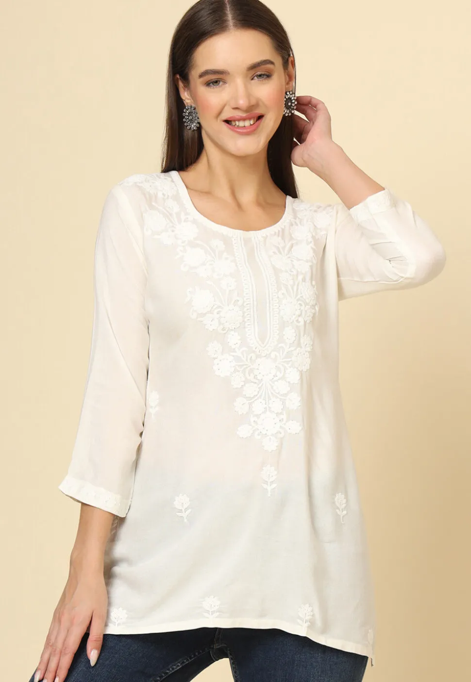 Embroidered Rayon Straight Kurti in Off White