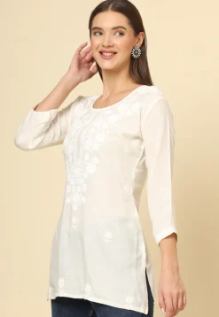 Embroidered Rayon Straight Kurti in Off White