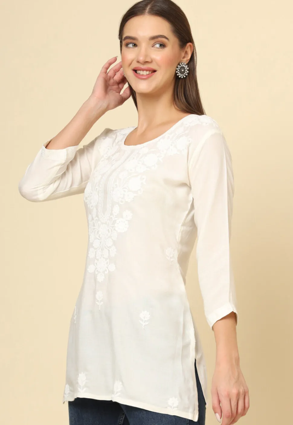 Embroidered Rayon Straight Kurti in Off White