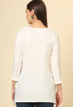 Embroidered Rayon Straight Kurti in Off White