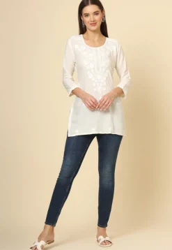 Embroidered Rayon Straight Kurti in Off White