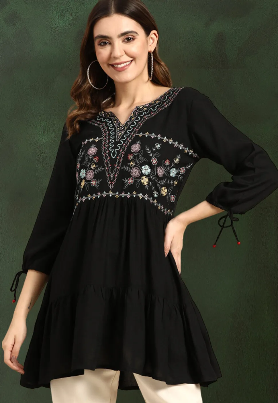 Embroidered Rayon Tunic in Black