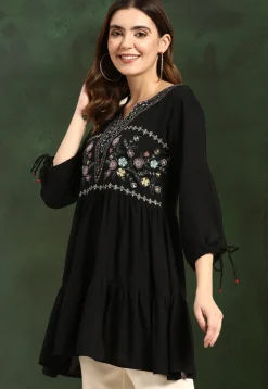 Embroidered Rayon Tunic in Black