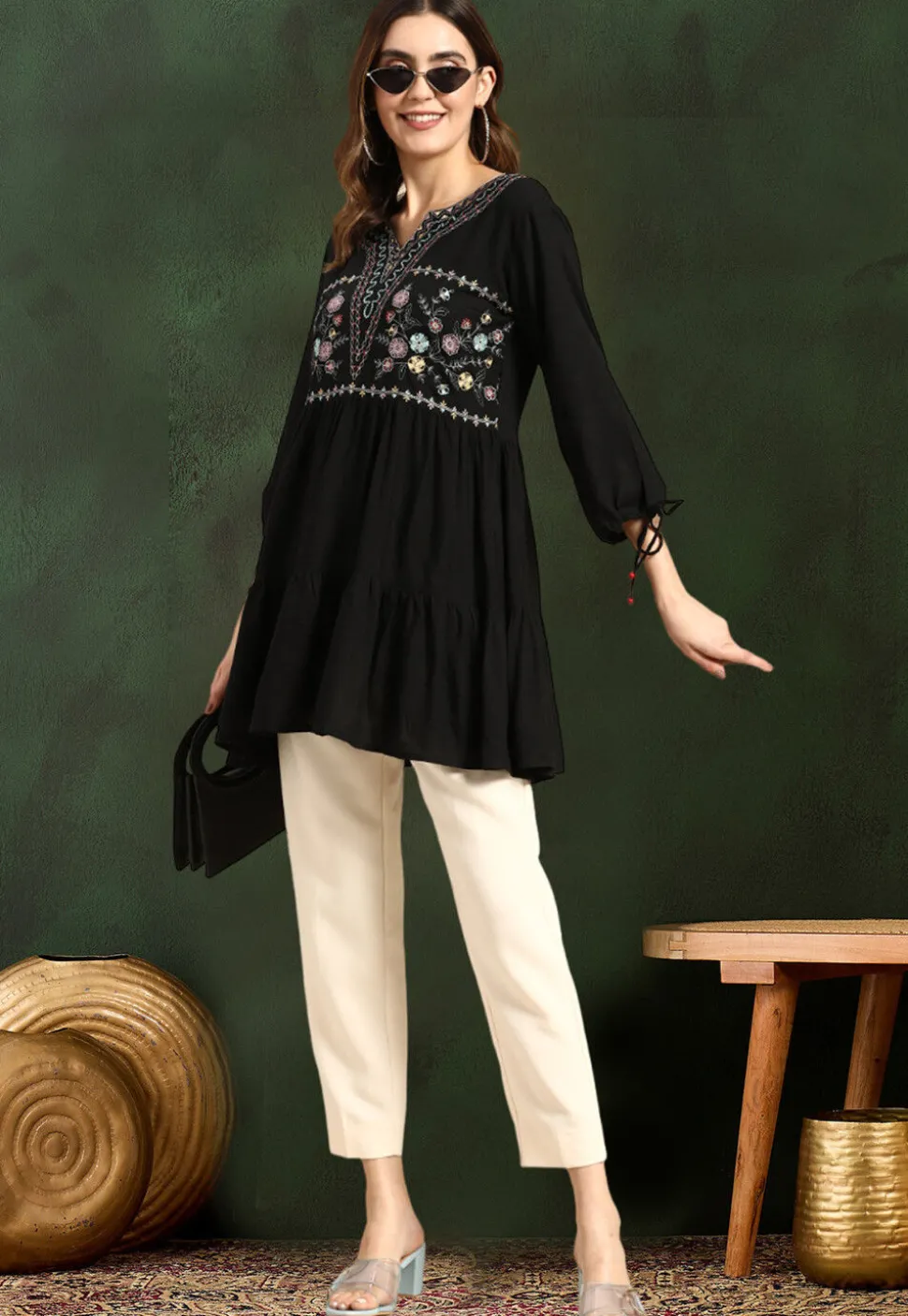Embroidered Rayon Tunic in Black