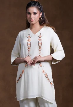 Embroidered Rayon Tunic in Off White