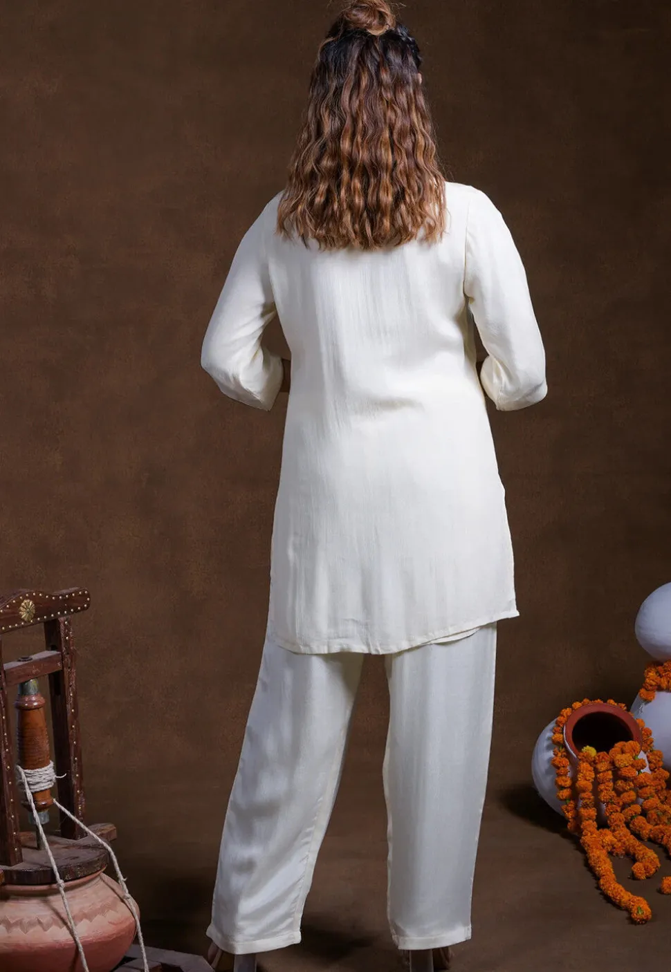 Embroidered Rayon Tunic Set in Off White