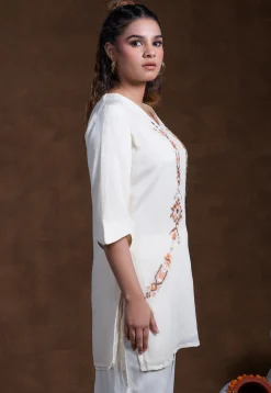Embroidered Rayon Tunic Set in Off White