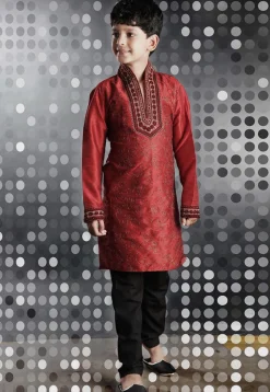 Embroidered Red Art Silk Kurta Set