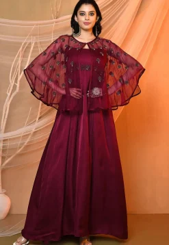 Embroidered Satin Aline Dress in Wine