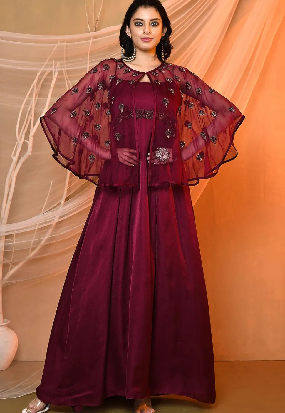 Embroidered Satin Aline Dress in Wine