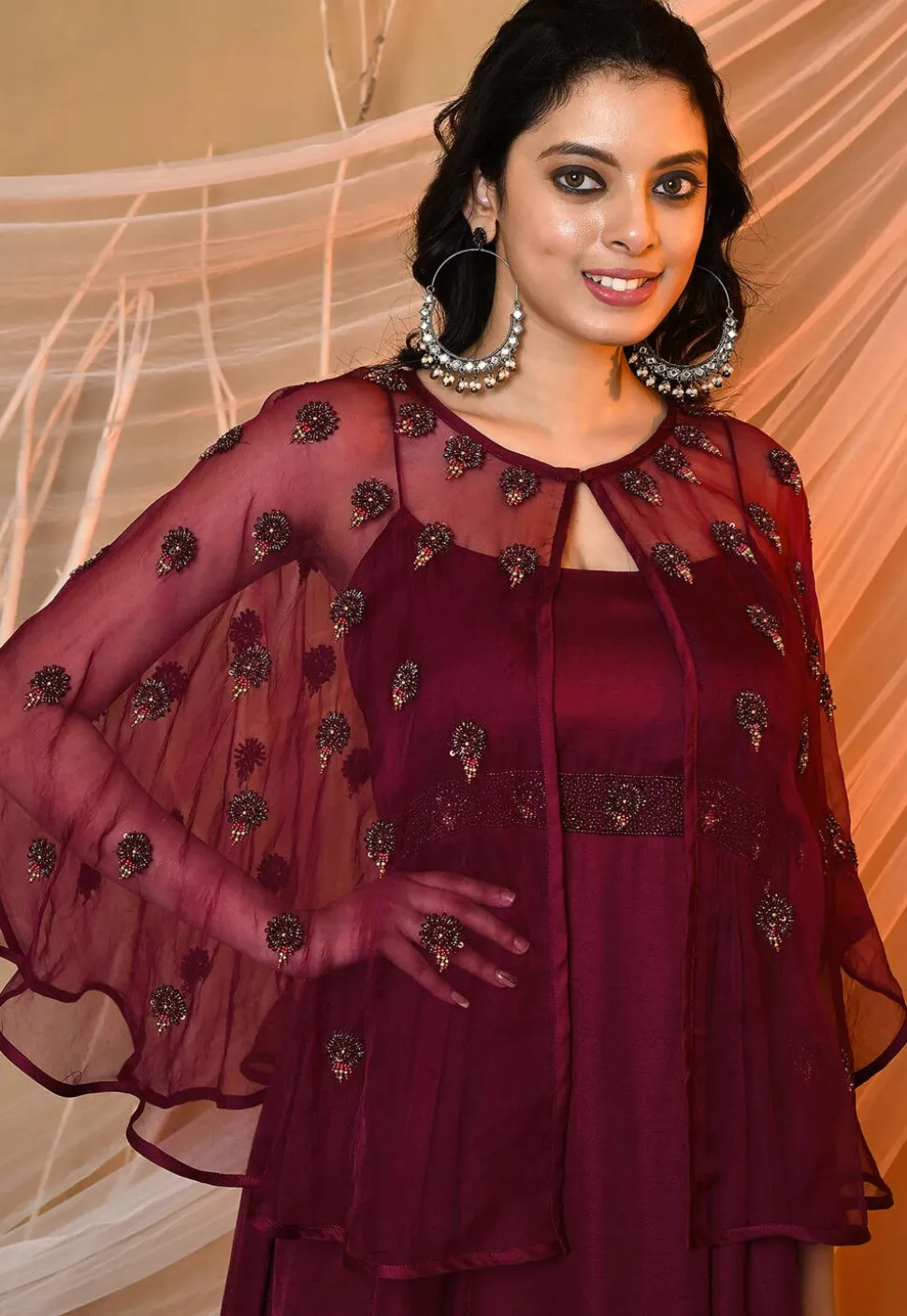 Embroidered Satin Aline Dress in Wine
