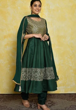 Embroidered Satin Anarkali Suit in Dark Green