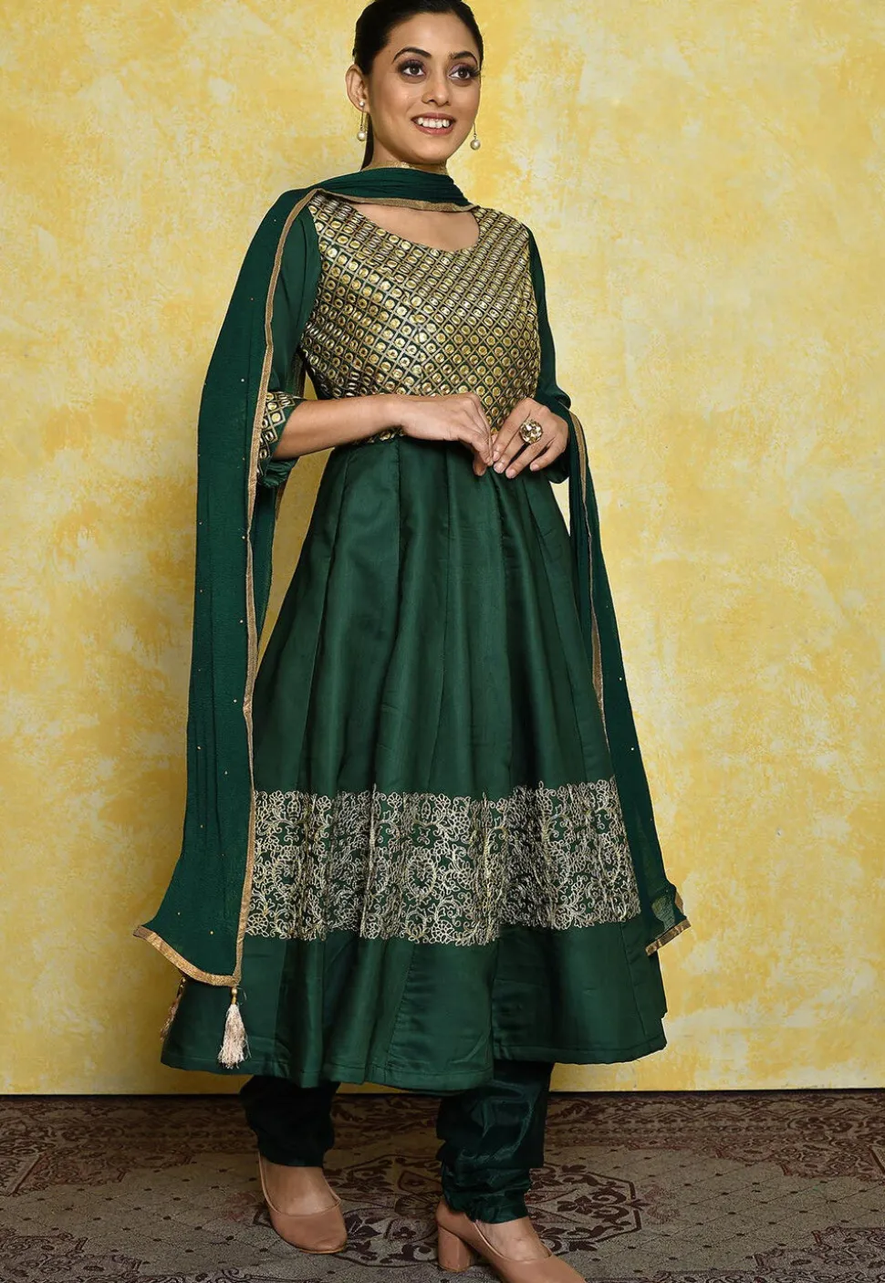 Embroidered Satin Anarkali Suit in Dark Green