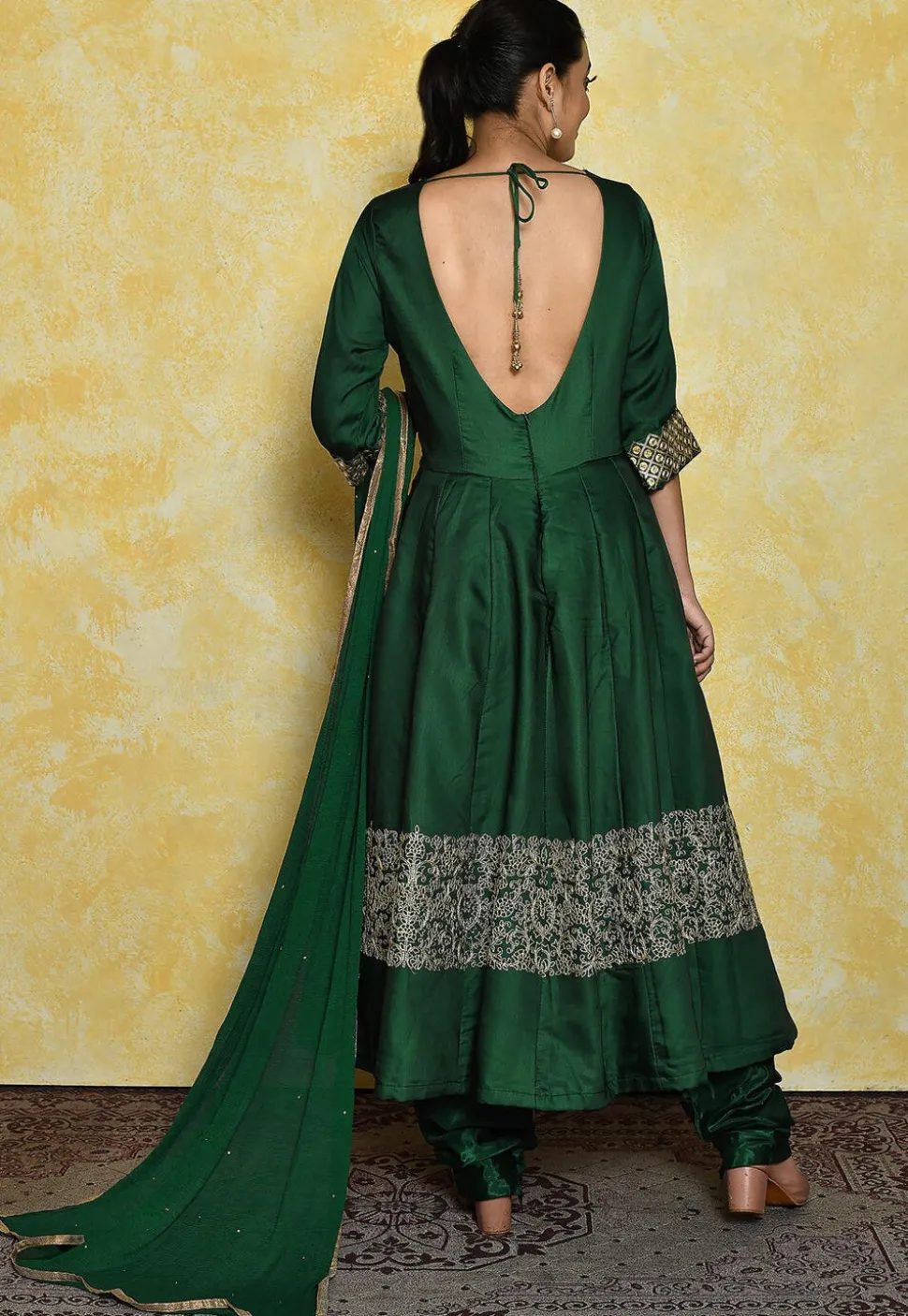 Embroidered Satin Anarkali Suit in Dark Green