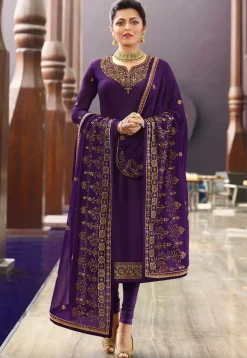 Embroidered Satin Georgette Straight Suit in Purple