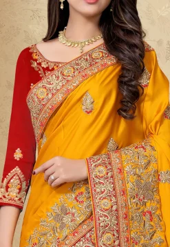 Embroidered Satin Georgette Saree in Mustard