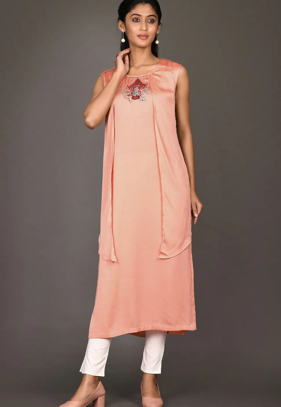 Embroidered Satin Georgette Straight Kurta in Peach