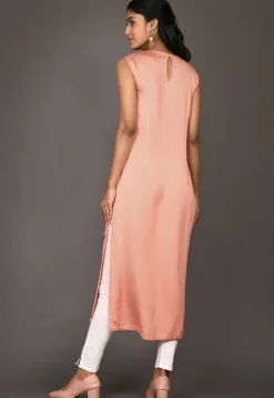 Embroidered Satin Georgette Straight Kurta in Peach