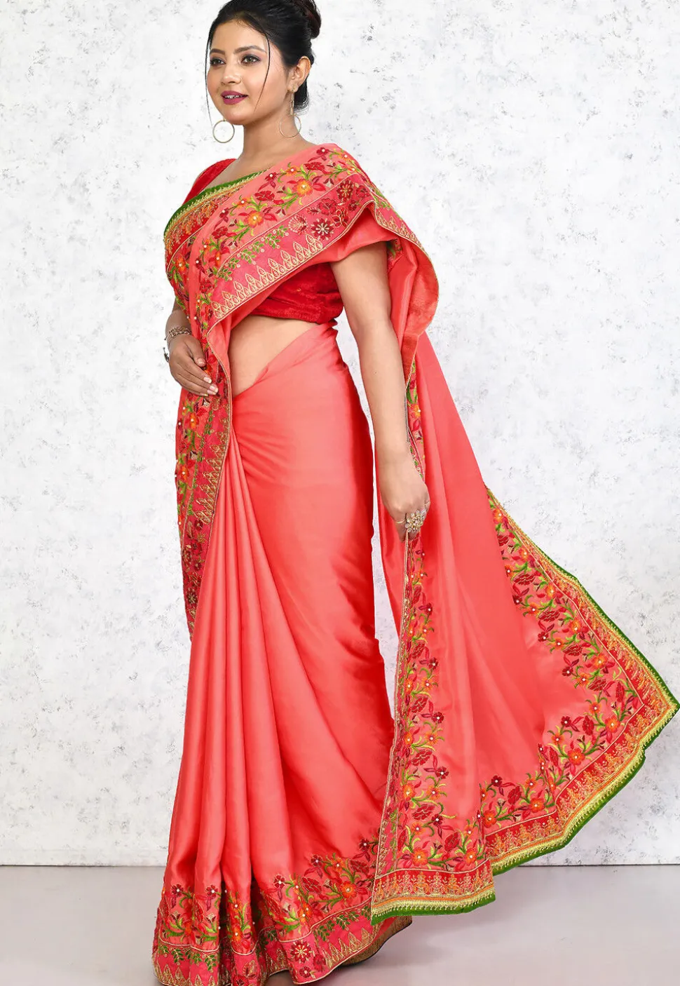 Embroidered Satin Georgette Saree in Peach