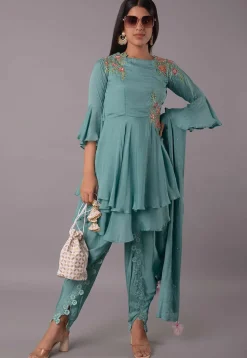 Embroidered Satin Georgette Punjabi Suit in Sky Blue