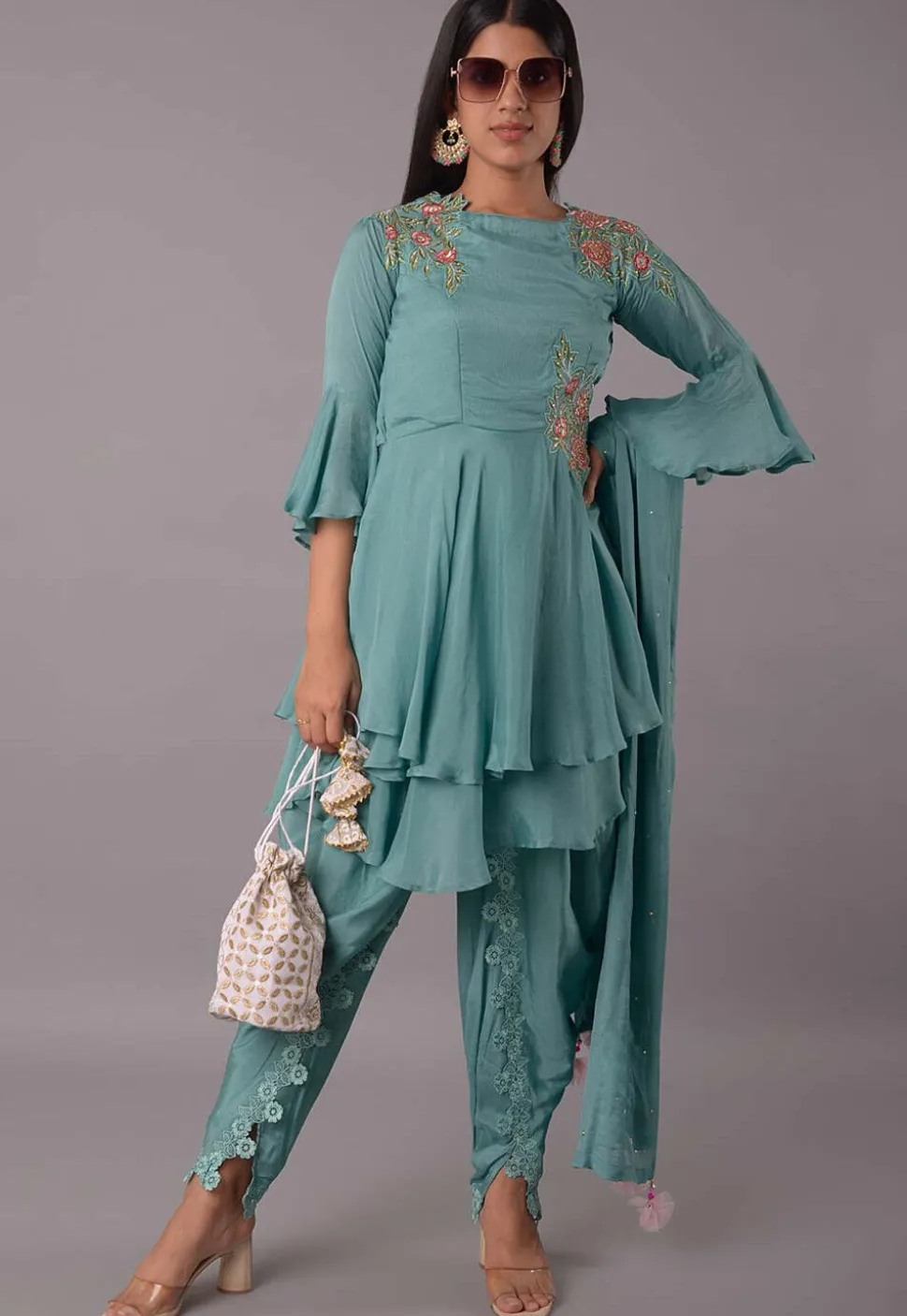 Embroidered Satin Georgette Punjabi Suit in Sky Blue