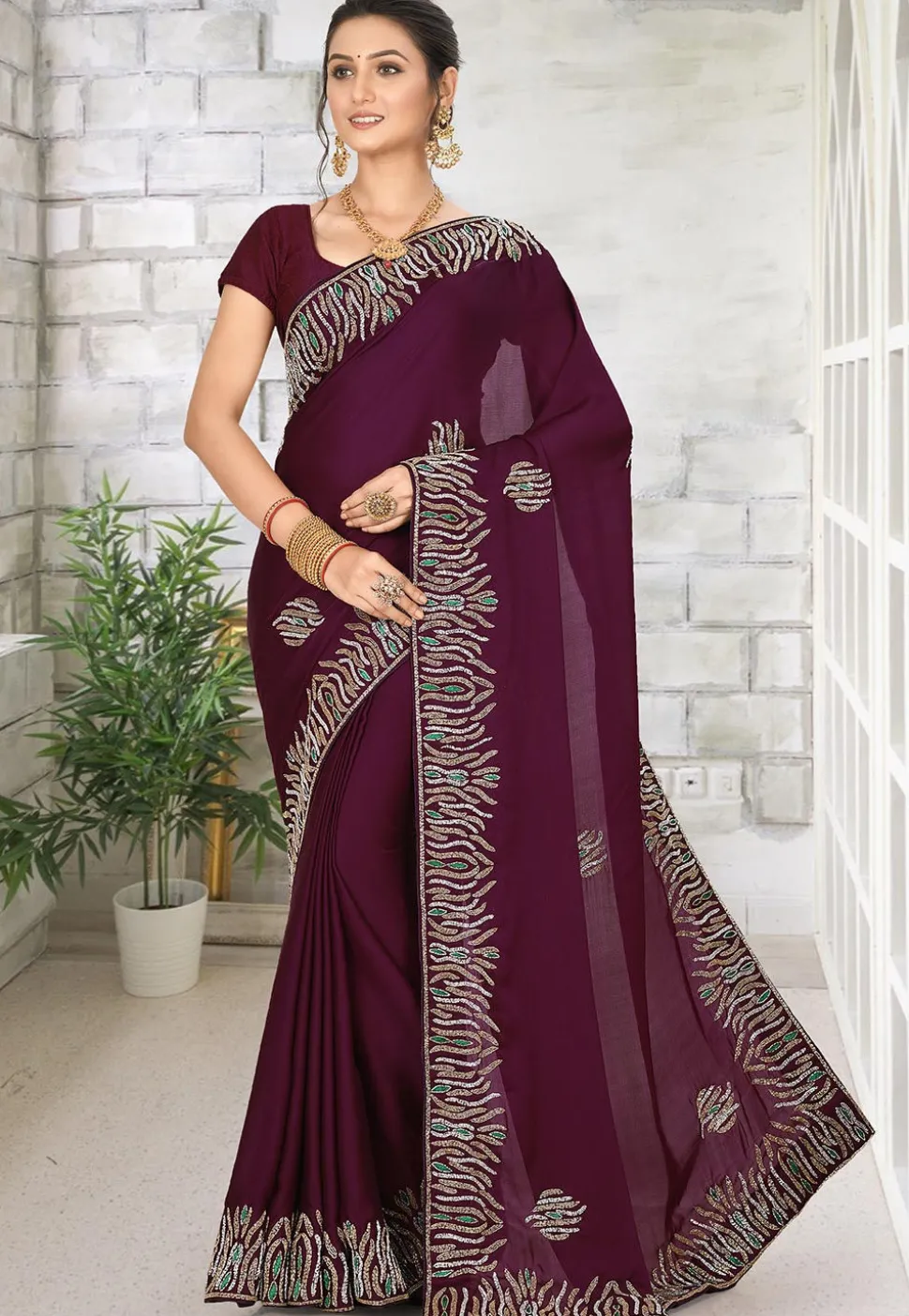 Embroidered Satin Georgette Saree in Violet
