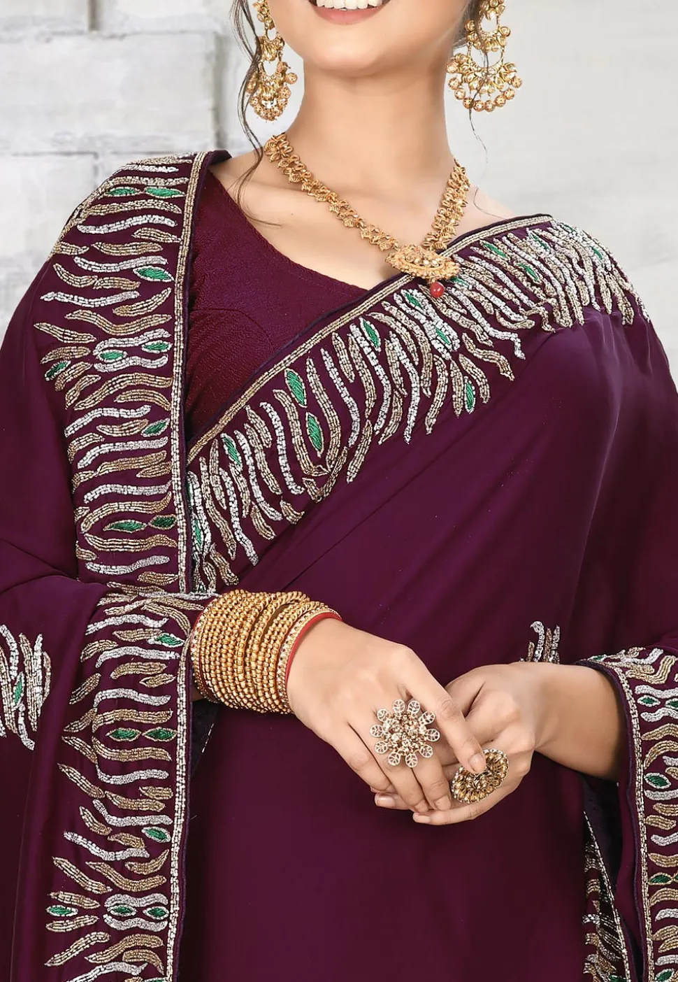 Embroidered Satin Georgette Saree in Violet