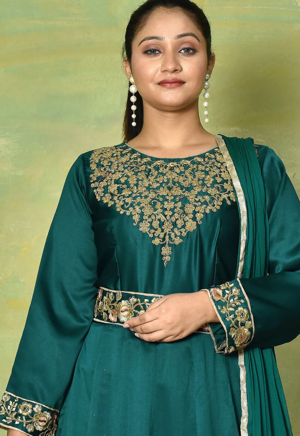 Embroidered Satin Georgette Abaya Style Suit in Teal Green