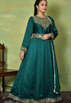 Embroidered Satin Georgette Abaya Style Suit in Teal Green