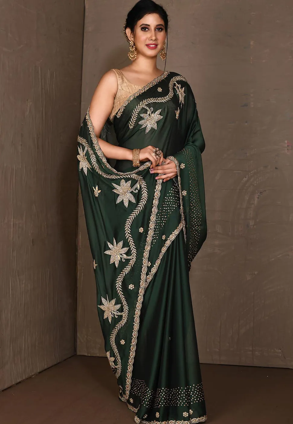 Embroidered Satin Georgette Saree in Dark Green