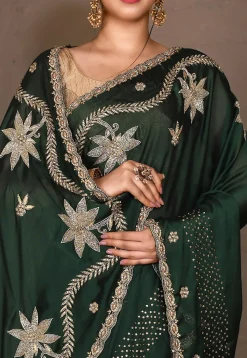 Embroidered Satin Georgette Saree in Dark Green