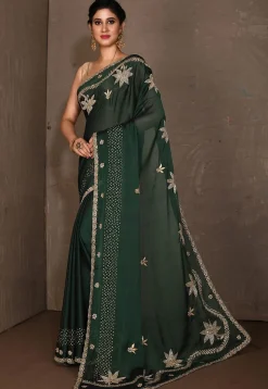 Embroidered Satin Georgette Saree in Dark Green