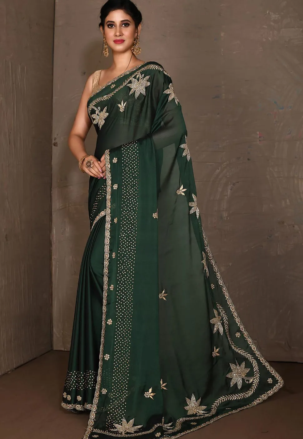 Embroidered Satin Georgette Saree in Dark Green