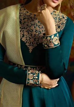 Embroidered Satin Gorgette Abaya Style Suit in Teal Blue